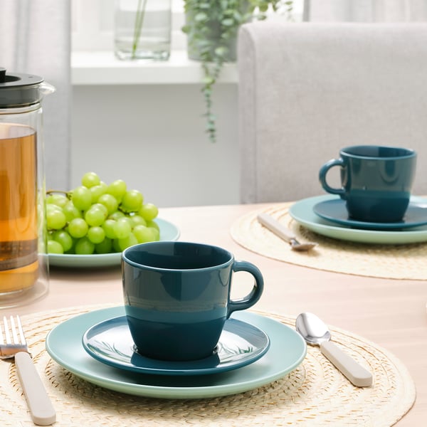 FÄRGKLAR Cup with saucer, glossy dark turquoise, 25 cl