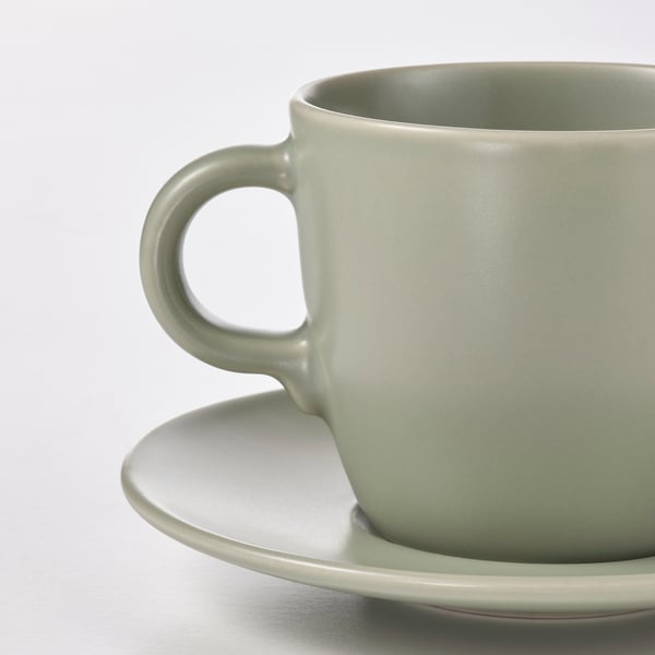 FÄRGKLAR Cup with saucer, matt green, 25 cl