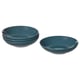 Four teal-colored, shallow bowls with smooth edges and a matte finish arranged together.