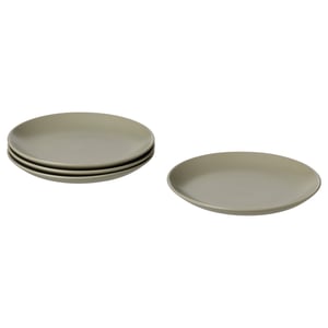 Image shows a set of four matte grey plates, three stacked and one individual, with a simple, modern design made from stoneware.