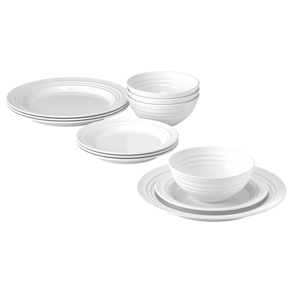 FAVORISERA white dinnerware set, consisting of plates and bowls made of tempered opal glass, neatly stacked and arranged for display.