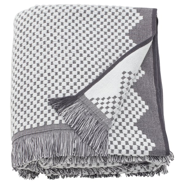 FJÄLLSTARR grey cotton towel with fringe, chequered pattern, rectangular.