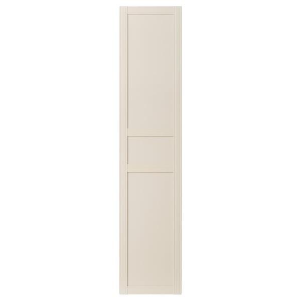 Beige fiberboard door, three panels, subtle grooves.