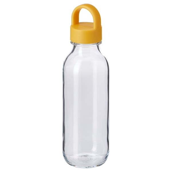 FORMSKÖN glass bottle, yellow lid, portable, durable borosilicate.
