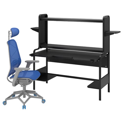 Black gaming desk with blue chair. Desk has metal frame, shelves. Chair has blue fabric, grey base, adjustable seat.