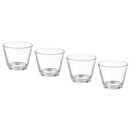 Four GALEJ glass tealight holders in clear colour, stackable, simple and elegant design.