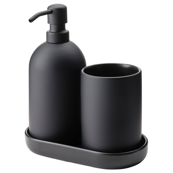 Black GANSJÖN bath set: soap dispenser & toothbrush holder