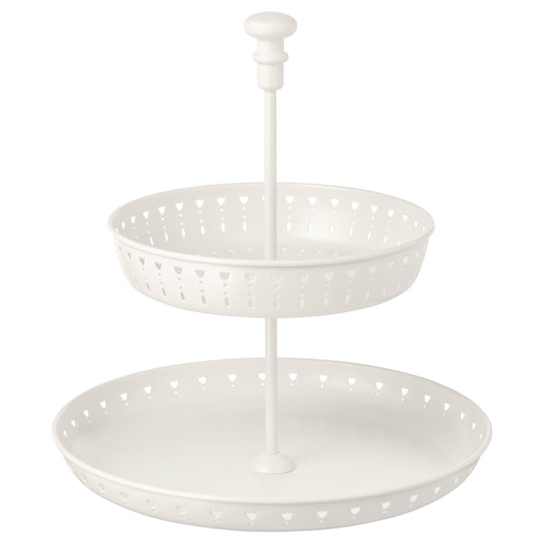 A white GARNERA 2-tier serving stand, made of steel and aluminium, with a heart-shaped design and a central support post.