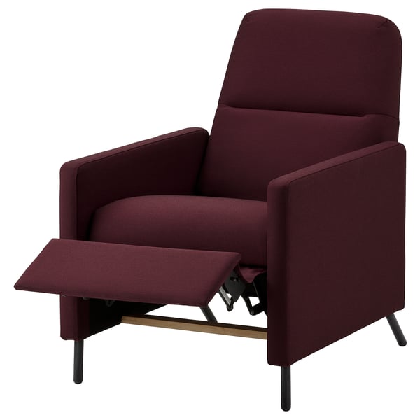 Burgundy recliner chair with dark wood base, upholstered in red fabric.