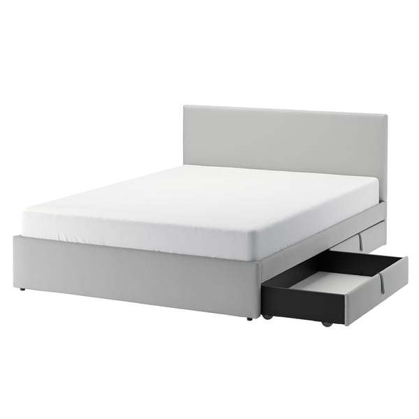 GLADSTAD Upholstered bed, 4 storage boxes, Kabusa light grey, 180x200 cm