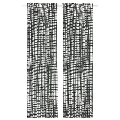 GRÖNKATTFOT Curtains, 1 pair, white/black, 145x300 cm