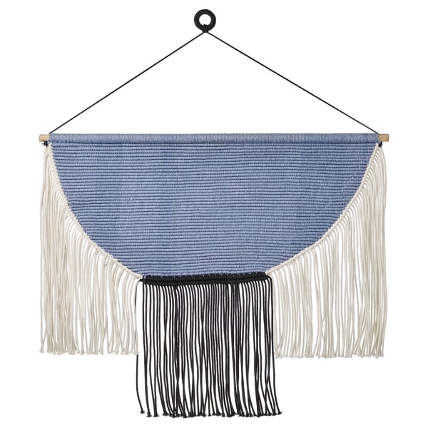 HÄNGALM wall art: blue, white, hanging, rectangular with fringe, handmade feel.