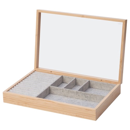 Bamboo jewellery box with compartments, clear acrylic lid.