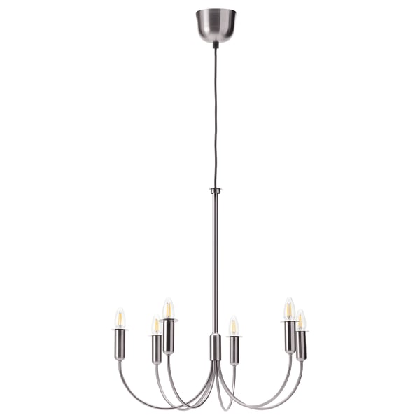 HÅRMÖJA Chandelier, 6-armed, brushed stainless steel, 62 cm