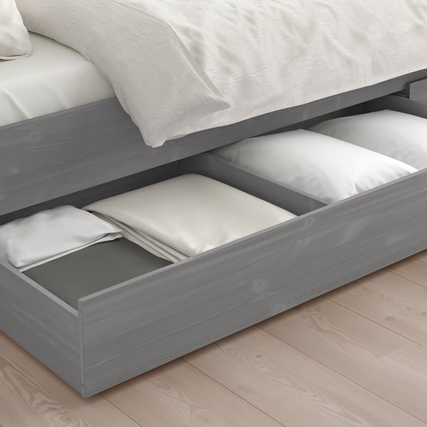 HEMNES Bed frame with 4 storage boxes, grey stained, 160x200 cm IKEA