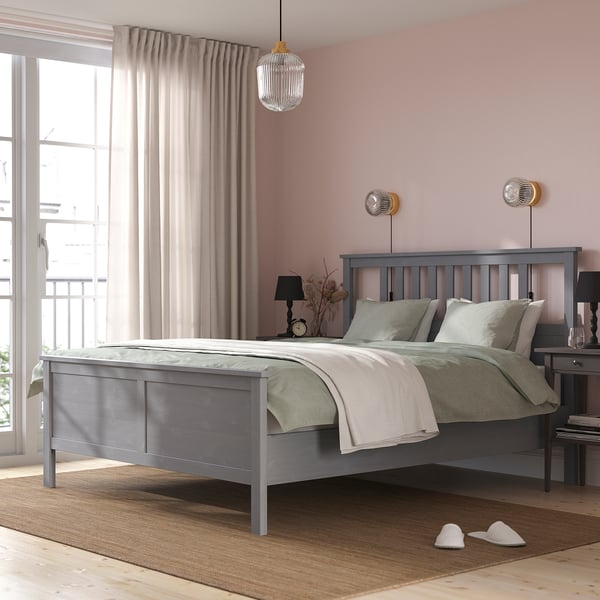 HEMNES Bed frame with mattress, grey stained/Valevåg extra firm, 160x200 cm