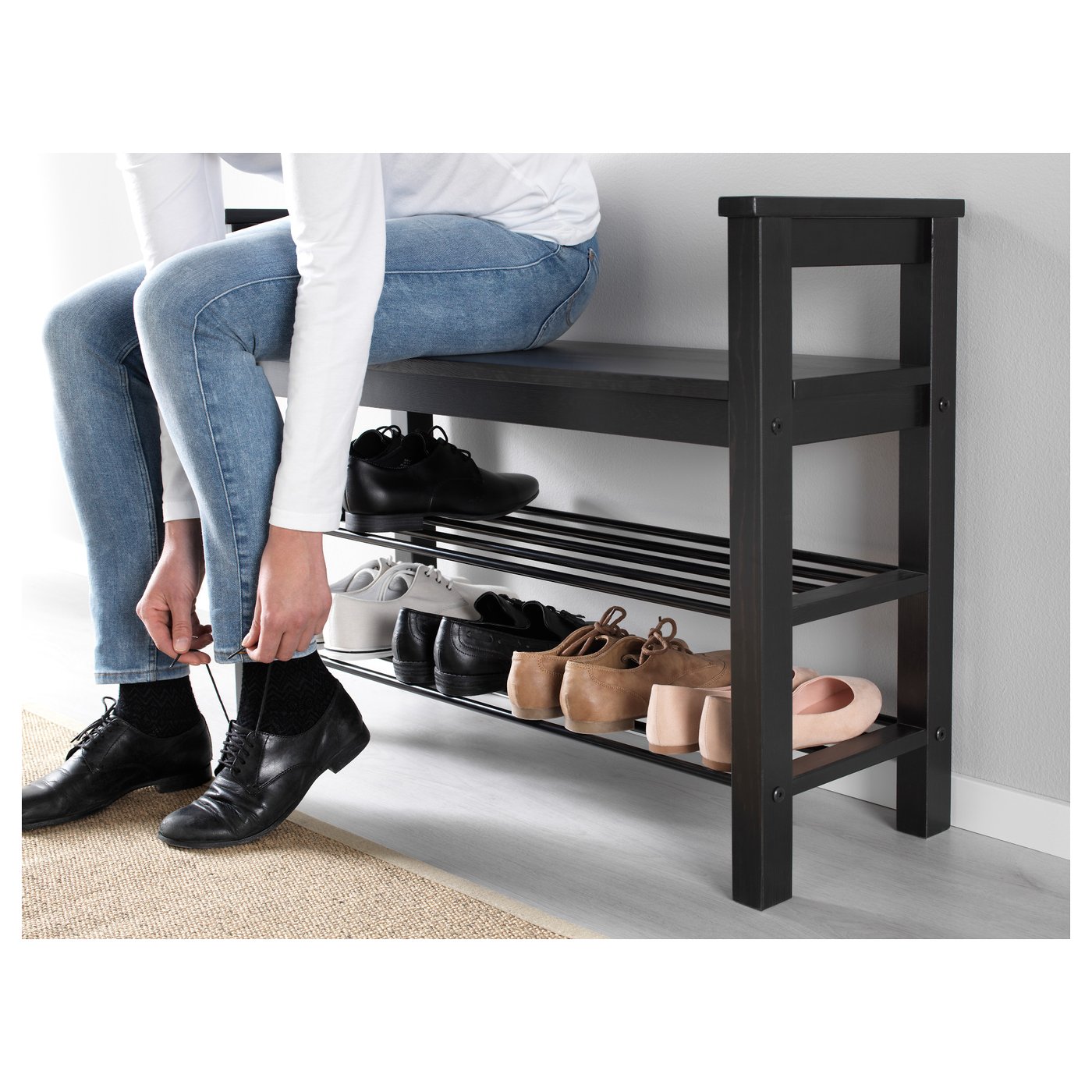 HEMNES bench with shoe storage, black-brown, 85x32x65 cm - IKEA