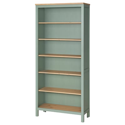 HEMNES Bookcase, grey-green/light brown stained, 90x197 cm