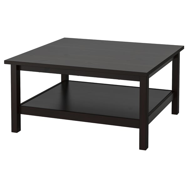HEMNES black coffee table, square, solid pine wood, two-tiered design.