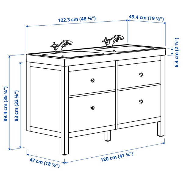 HEMNES / ORRSJÖN Wash-stnd w drawers/wash-basin/taps, white, 122x49x89 cm
