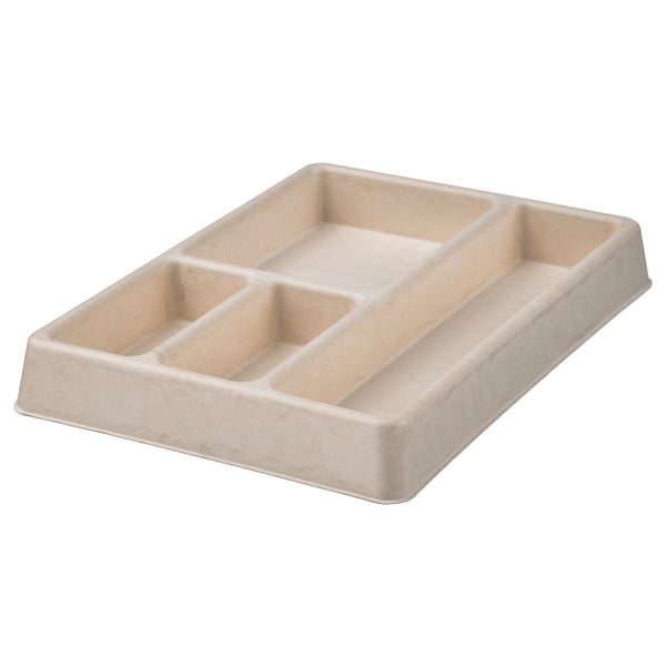 A beige HÖNSNÄT organiser, a compact desk drawer organiser made from moulded paper pulp with four compartments.
