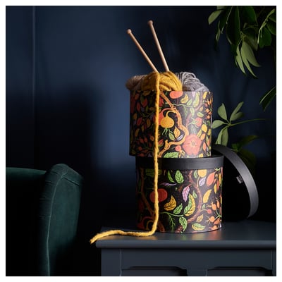 HÖSTAGILLE Storage box with lid, set of 2, floral pattern multicolour