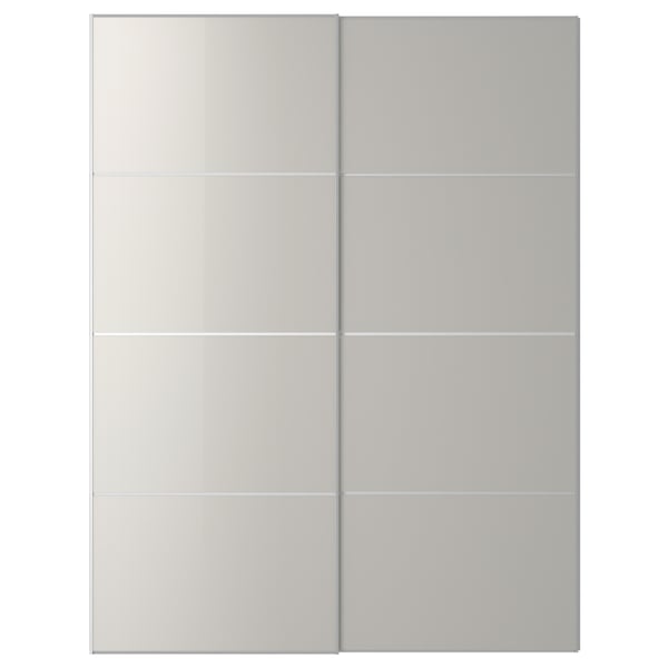 HOKKSUND Pair of sliding doors, high-gloss light grey, 150x201 cm
