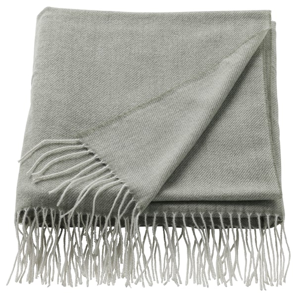 HOLMVI gray-green throw, soft recycled polyester with fringe ends.