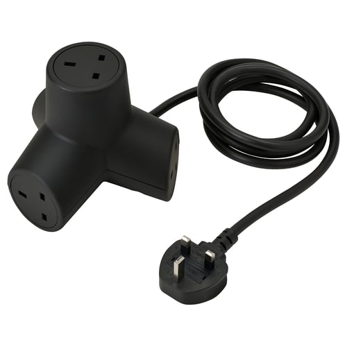 Black HORNFELS 4-way power adapter with angled outlets and a uk plug.