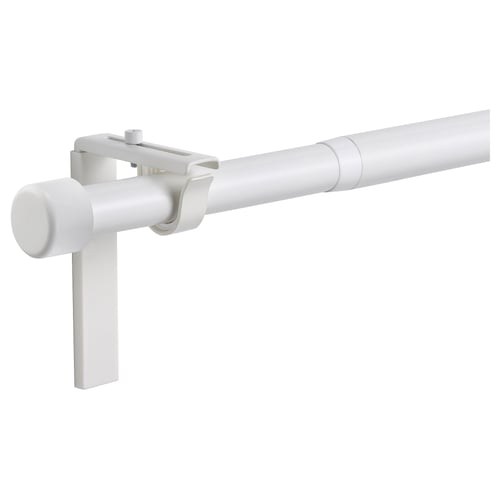 The white HUGAD curtain rod kit. It includes an extendable rod, brackets, and finials, made of metal and plastic, wall-mountable, sleek and modern.