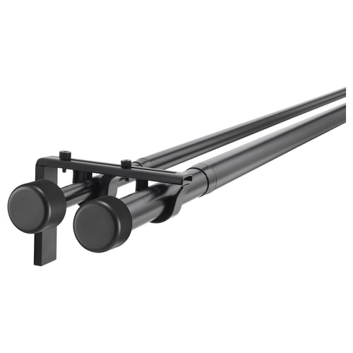 Black HUGAD curtain rod set with extendable, double-layer design, including rods, brackets, holders, and finials.