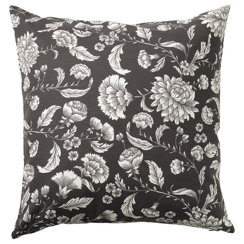 IDALINNEA cushion, black with white floral design, square shape, cotton material.