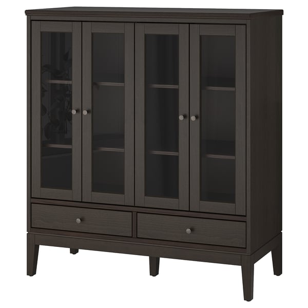 IDANÄS Cabinet with bi-folded glass doors, dark brown stained, 121x50x135 cm