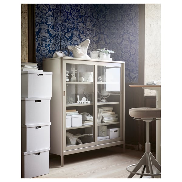 IDÅSEN Cabinet with sliding glass doors, beige, 120x140 cm