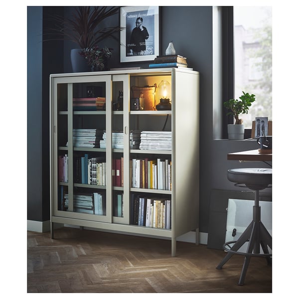 IDÅSEN Cabinet with sliding glass doors, beige, 120x140 cm