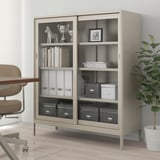 IDÅSEN Cabinet with sliding glass doors, beige, 120x140 cm