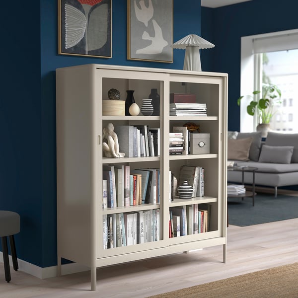 IDÅSEN Cabinet with sliding glass doors, beige, 120x140 cm