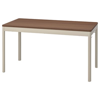 IDÅSEN office table with brown top and beige legs.