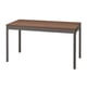 An IDÅSEN desk with a brown top and dark grey metal legs. Its rectangular, simple, and suitable for home or office use.