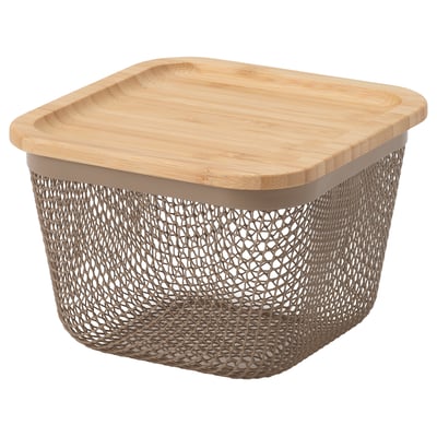 IKEA 365+ Food storage basket with lid, square metal/light grey-brown bamboo, 15x15x11 cm