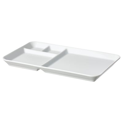 A white IKEA 365+ porcelain serving tray with three compartments. Its simple and rectangular for serving snacks.