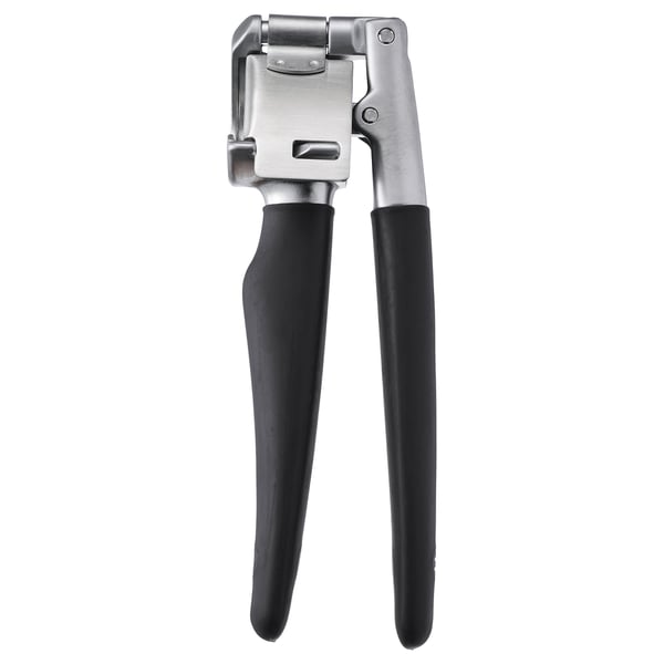 Ikea garlic press black, opened, stainless steel & plastic handles, easy grip, flat head design.
