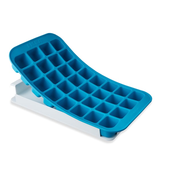 Blue ice cube tray with 32 compartments and a white tray base, designed for easy ice cube removal.