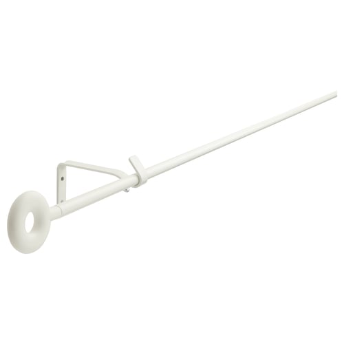 A white IRJA curtain rod set, sleek and modern in design, made of steel and plastic, with a minimalist finish.