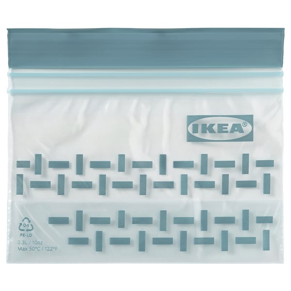 Ikea ISTAD bag, light blue, transparent, square shape, zipper seal, textured pattern.