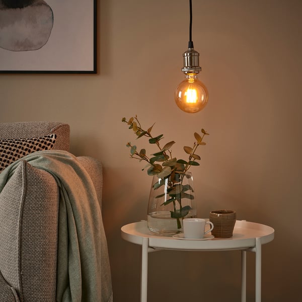 JÄLLBY / MOLNART Pendant lamp with light bulb, textile nickel-plated/globe brown clear glass