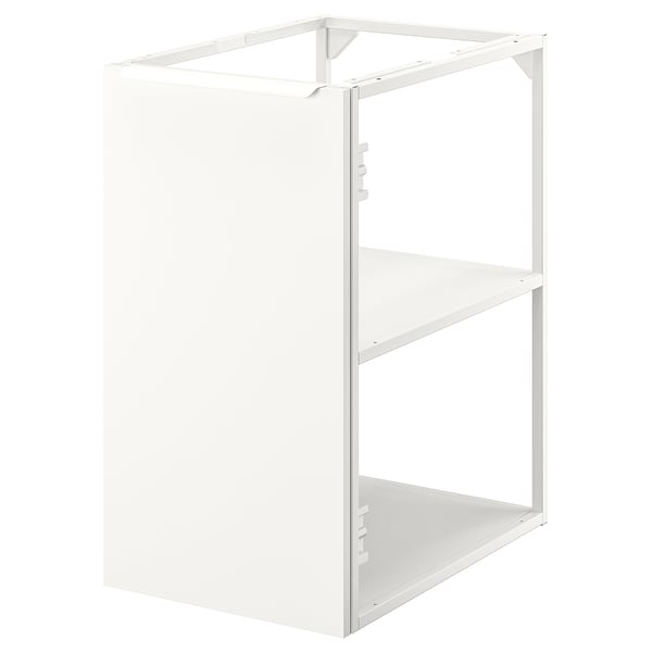 Depicts a white JÄRNBODA base cabinet with a single shelf, designed for kitchen storage. It a sleek, rectangular shape and has a soft-close door.