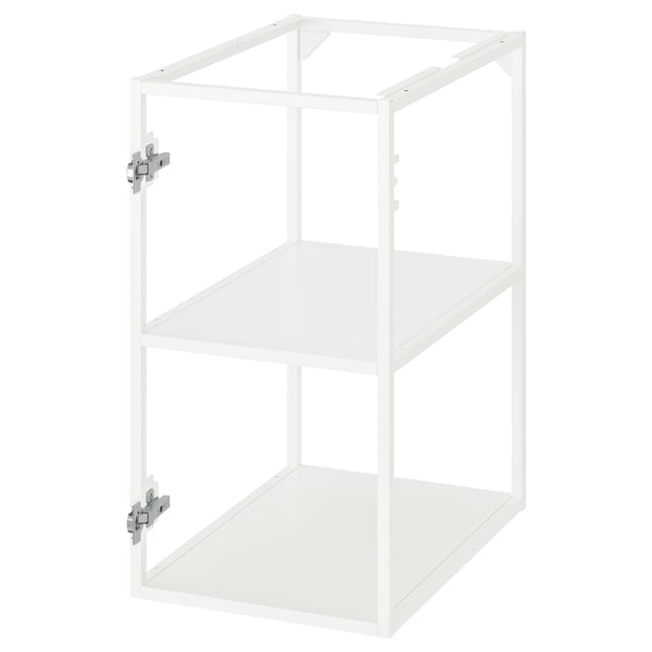 Image depicts JÄRNBODA white metal kitchen cabinet, rectangular, two-shelf design with steel hinges.