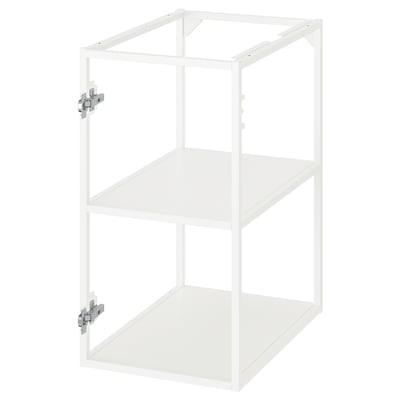 Image depicts JÄRNBODA white metal kitchen cabinet, rectangular, two-shelf design with steel hinges.
