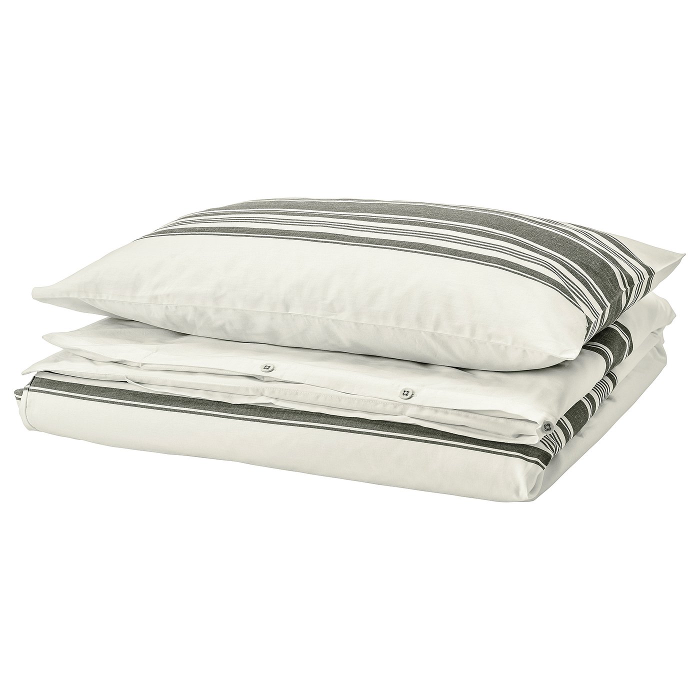 A JÄTTEFRÄKEN bedding set in white with dark stripes, made of cotton, featuring a folded duvet cover and pillows.